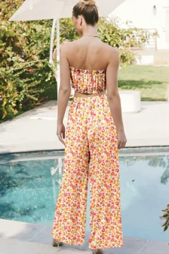 Fashion Dear-Lover Boho Floral Bandeau Top and High Waist Wide Leg Pants Set Pink