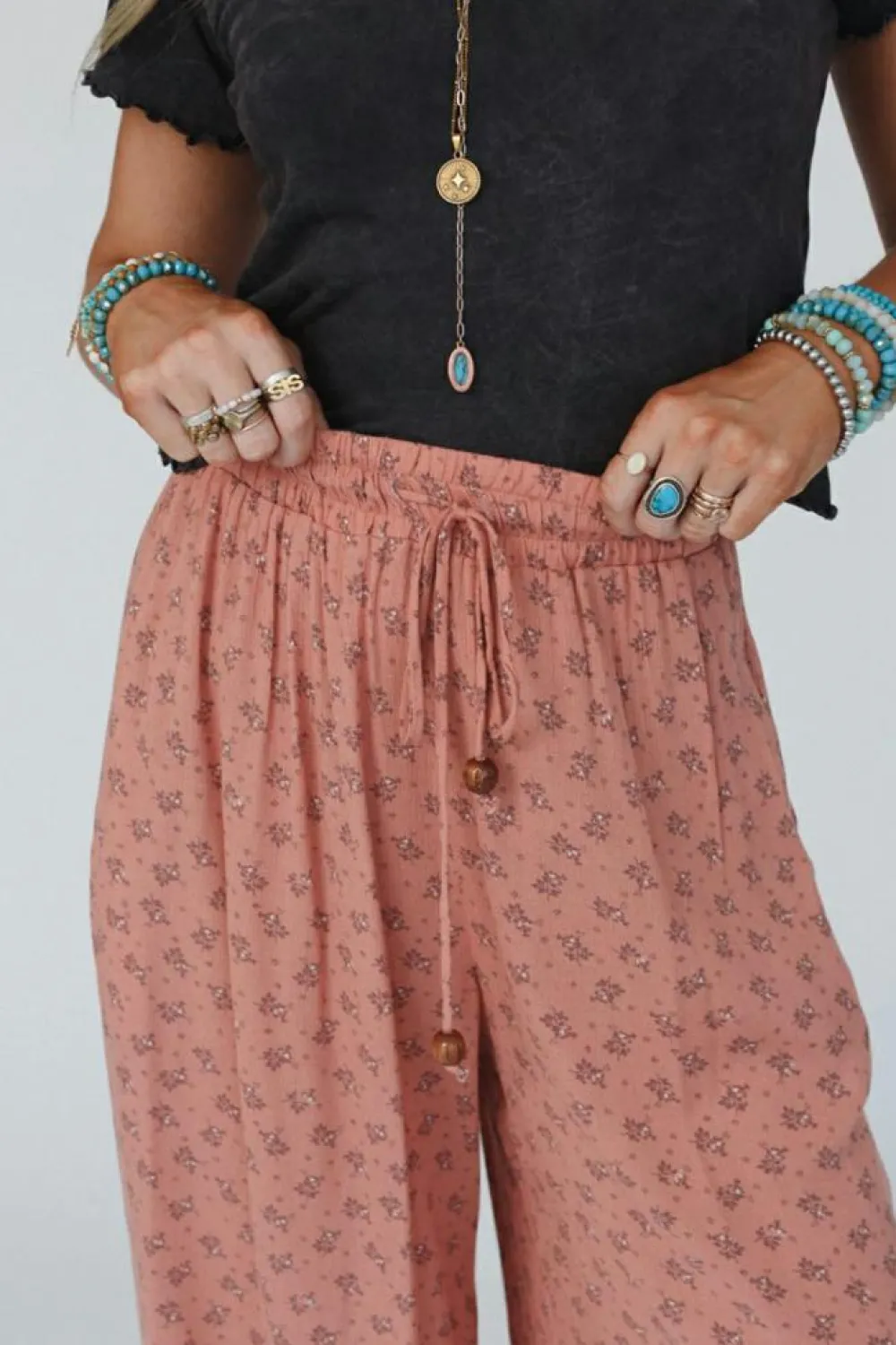 Clearance Dear-Lover Boho Floral Printed Wide Leg Jogger Pants Pink