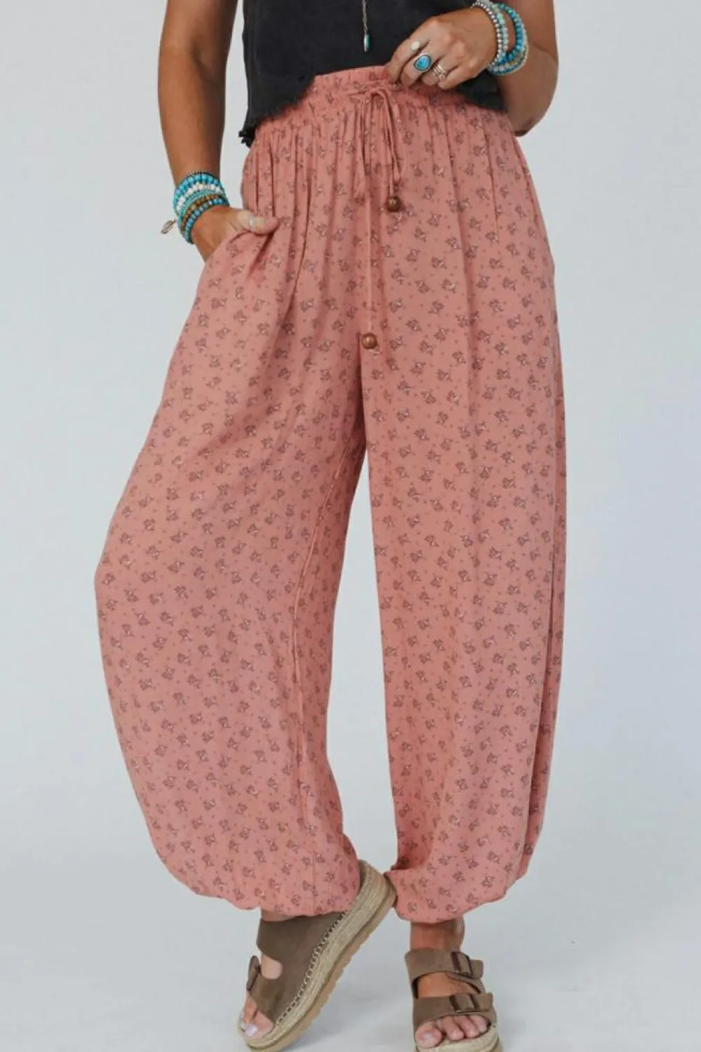 Clearance Dear-Lover Boho Floral Printed Wide Leg Jogger Pants Pink