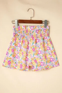 Discount Dear-Lover Boho Floral Shirred High Waist Casual Shorts Pink