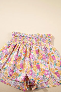 Discount Dear-Lover Boho Floral Shirred High Waist Casual Shorts Pink