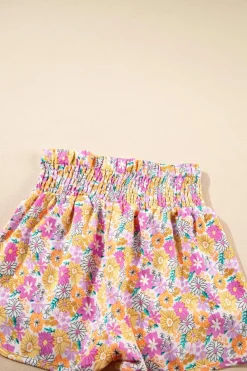 Discount Dear-Lover Boho Floral Shirred High Waist Casual Shorts Pink