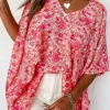 New Dear-Lover Boho Floral V Neck Kimono Style Blouse Pink