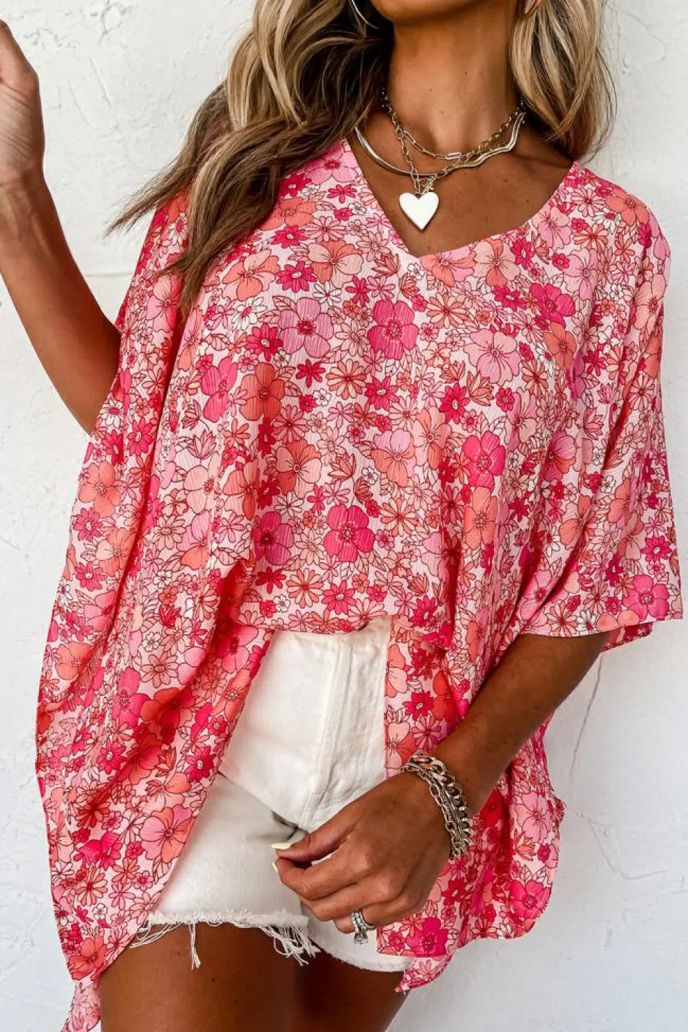 New Dear-Lover Boho Floral V Neck Kimono Style Blouse Pink