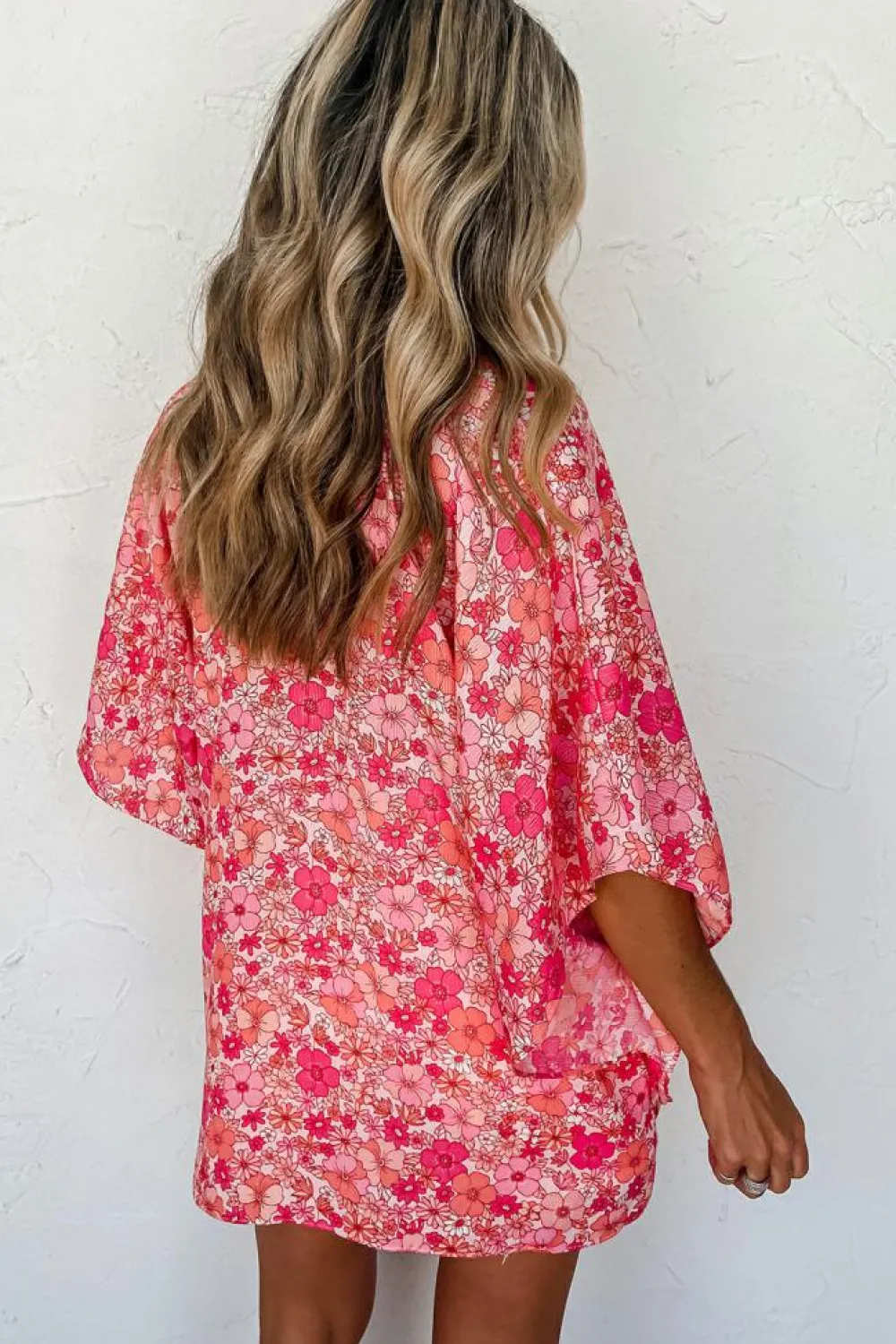 New Dear-Lover Boho Floral V Neck Kimono Style Blouse Pink