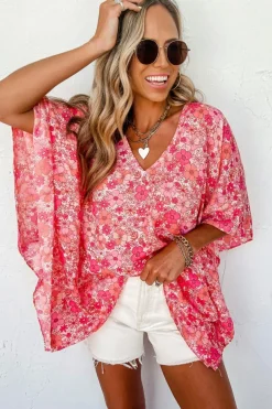 New Dear-Lover Boho Floral V Neck Kimono Style Blouse Pink