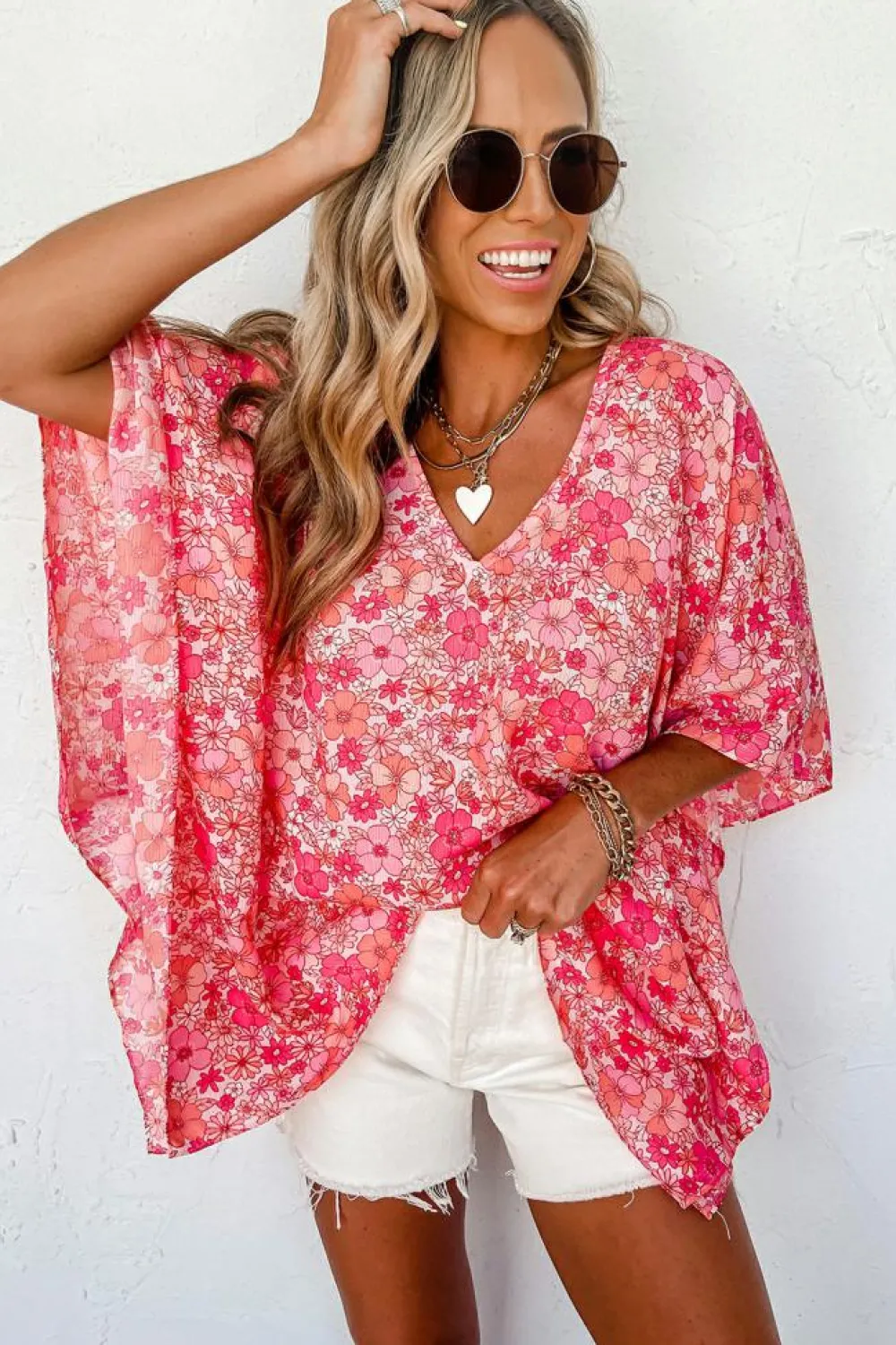 New Dear-Lover Boho Floral V Neck Kimono Style Blouse Pink