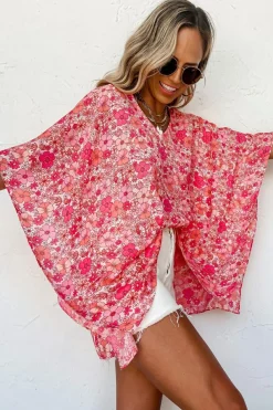 New Dear-Lover Boho Floral V Neck Kimono Style Blouse Pink