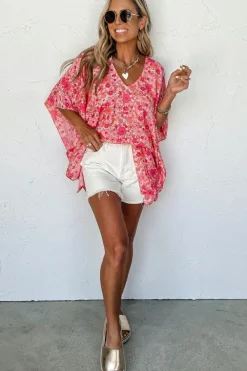 New Dear-Lover Boho Floral V Neck Kimono Style Blouse Pink