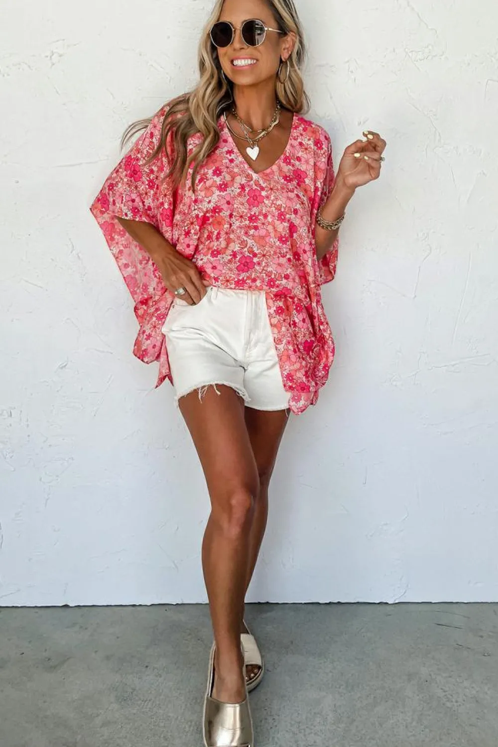 New Dear-Lover Boho Floral V Neck Kimono Style Blouse Pink