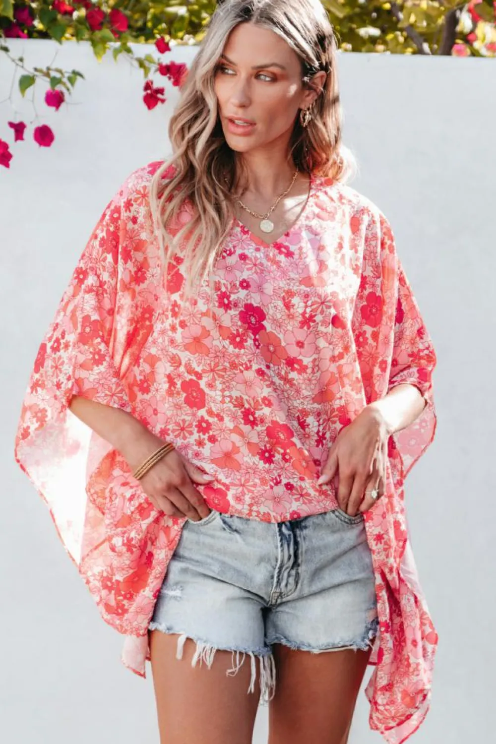 New Dear-Lover Boho Floral V Neck Kimono Style Blouse Pink