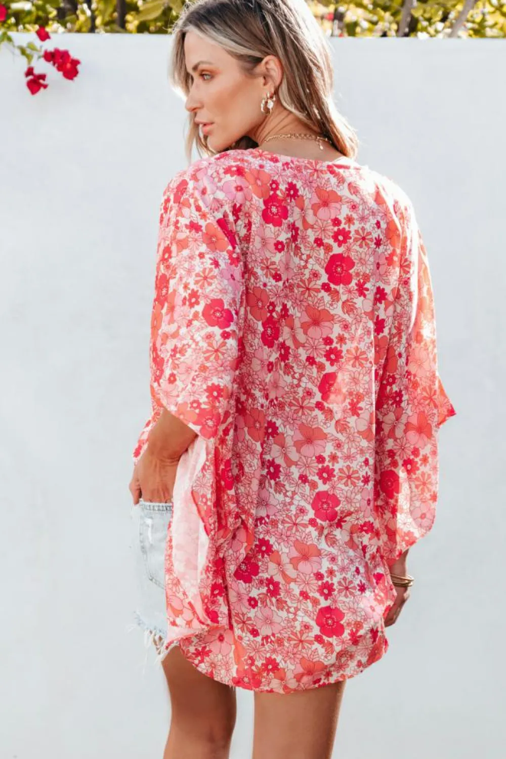 New Dear-Lover Boho Floral V Neck Kimono Style Blouse Pink