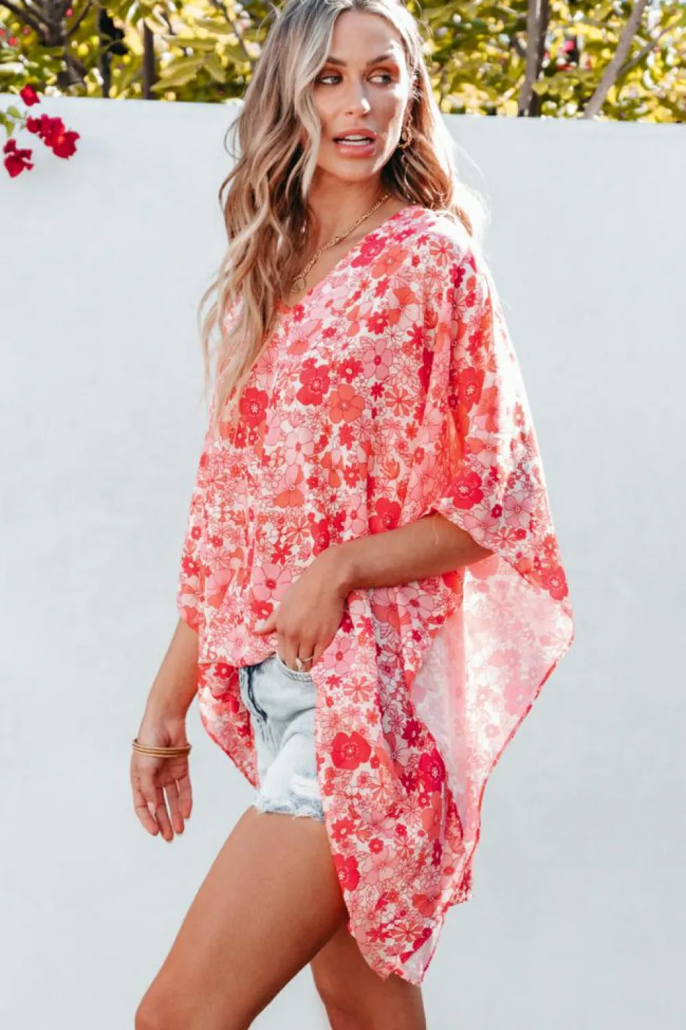 New Dear-Lover Boho Floral V Neck Kimono Style Blouse Pink