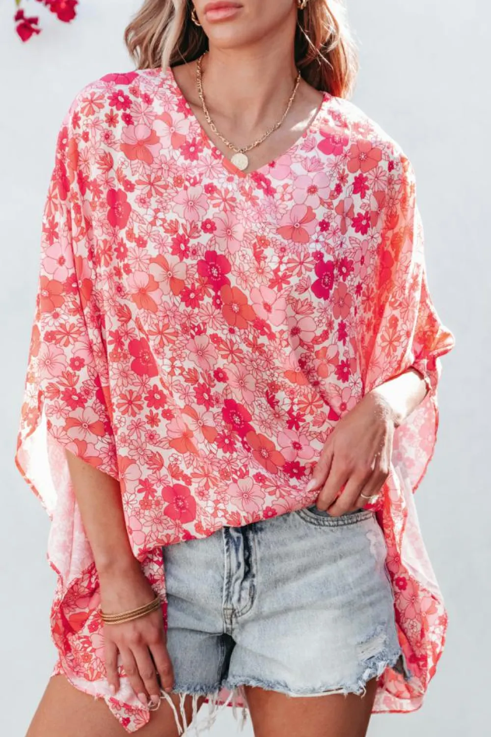 New Dear-Lover Boho Floral V Neck Kimono Style Blouse Pink
