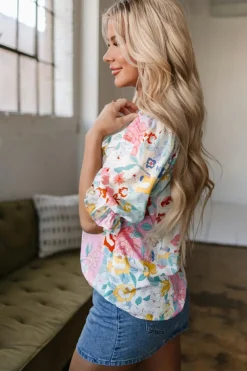 Outlet Dear-Lover Boho Flower Print Half Puff Sleeve Blouse Pink