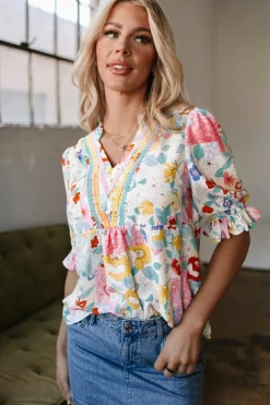 Outlet Dear-Lover Boho Flower Print Half Puff Sleeve Blouse Pink