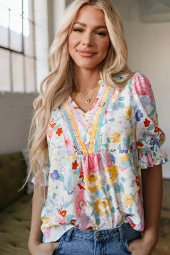 Outlet Dear-Lover Boho Flower Print Half Puff Sleeve Blouse Pink
