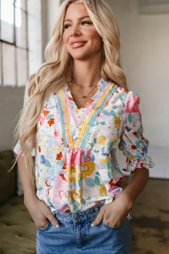 Outlet Dear-Lover Boho Flower Print Half Puff Sleeve Blouse Pink