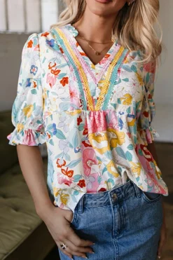 Outlet Dear-Lover Boho Flower Print Half Puff Sleeve Blouse Pink