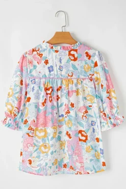 Outlet Dear-Lover Boho Flower Print Half Puff Sleeve Blouse Pink