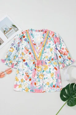 Outlet Dear-Lover Boho Flower Print Half Puff Sleeve Blouse Pink