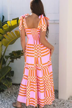 Online Dear-Lover Boho Gingham Tied Straps Smocked Maxi Dress Pink