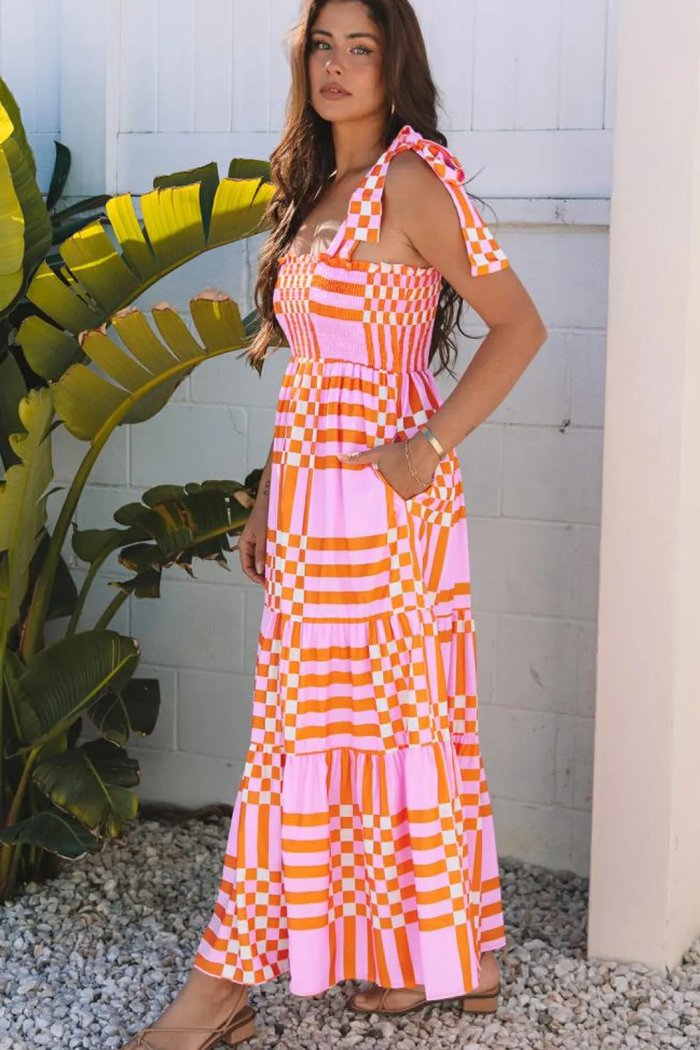 Online Dear-Lover Boho Gingham Tied Straps Smocked Maxi Dress Pink
