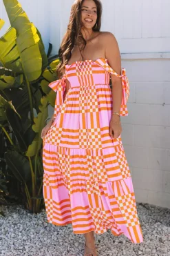 Online Dear-Lover Boho Gingham Tied Straps Smocked Maxi Dress Pink