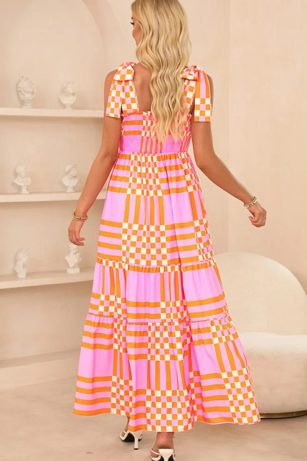 Online Dear-Lover Boho Gingham Tied Straps Smocked Maxi Dress Pink