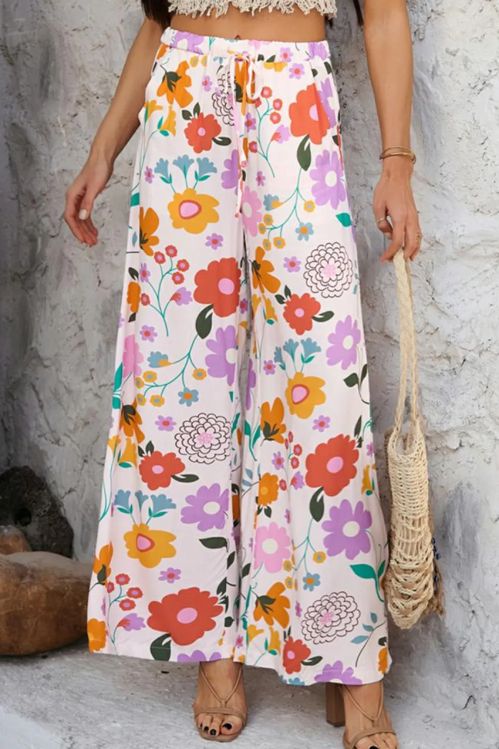 Clearance Dear-Lover Boho Print Wide Leg High Waist Casual Pants Pink