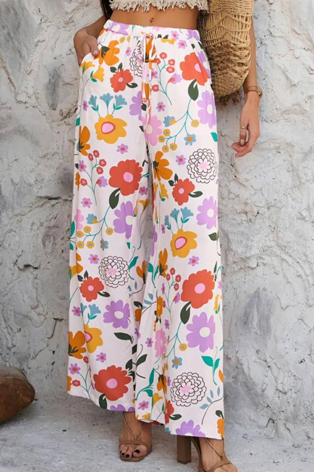 Clearance Dear-Lover Boho Print Wide Leg High Waist Casual Pants Pink