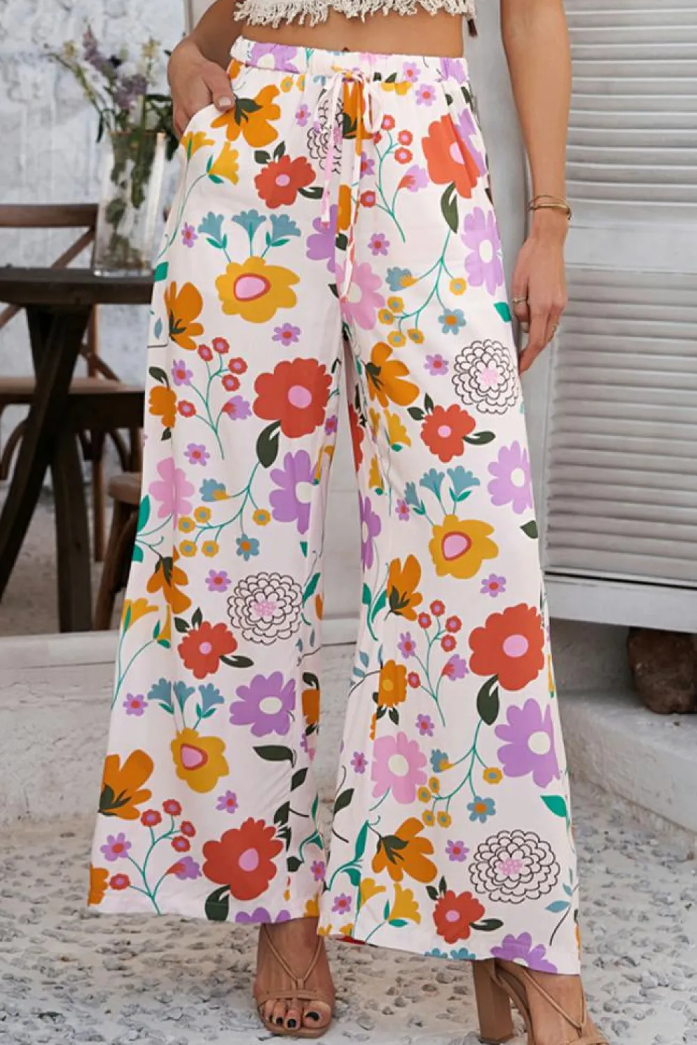 Clearance Dear-Lover Boho Print Wide Leg High Waist Casual Pants Pink