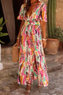 Clearance Dear-Lover Boho Tie-dye Print V Neck Maxi Dress Pink