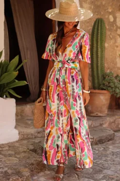 Clearance Dear-Lover Boho Tie-dye Print V Neck Maxi Dress Pink
