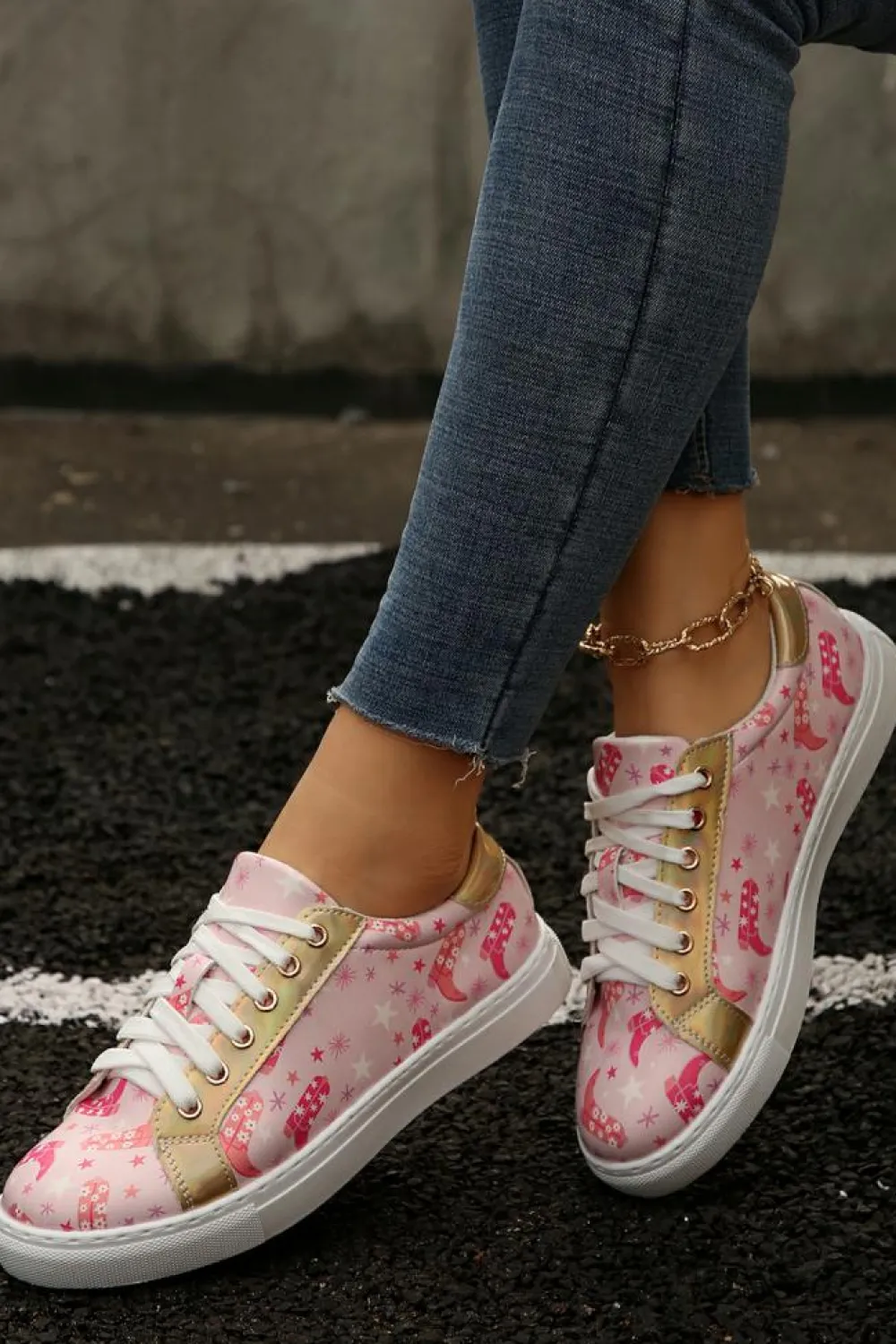 Online Dear-Lover Boots Print PU Leather Lace-up Shoes Pink