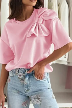 Outlet Dear-Lover Bow Applique Half Sleeve T-shirt Pink
