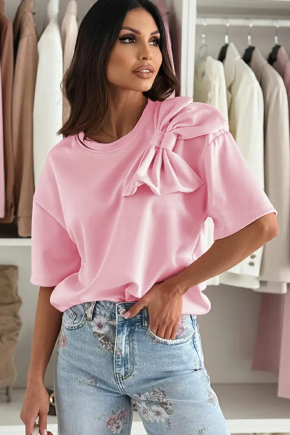 Outlet Dear-Lover Bow Applique Half Sleeve T-shirt Pink