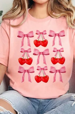 Sale Dear-Lover Bow Cherry Print Crew Neck Casual T Shirt Pink