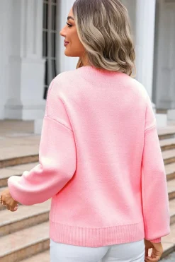 Discount Dear-Lover Bow Graphic Drop Shoulder Round Neck Sweater Pink