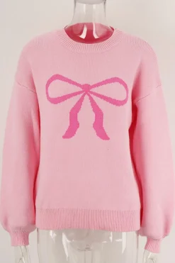 Discount Dear-Lover Bow Graphic Drop Shoulder Round Neck Sweater Pink