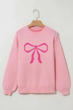 Discount Dear-Lover Bow Graphic Drop Shoulder Round Neck Sweater Pink