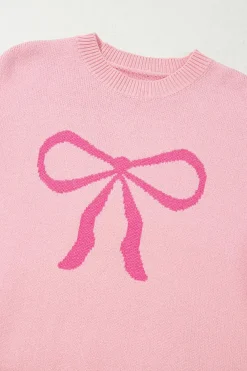 Discount Dear-Lover Bow Graphic Drop Shoulder Round Neck Sweater Pink
