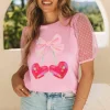 New Dear-Lover Bow Heart Shape Cherry Print Dotted Mesh Sleeve T Shirt Pink