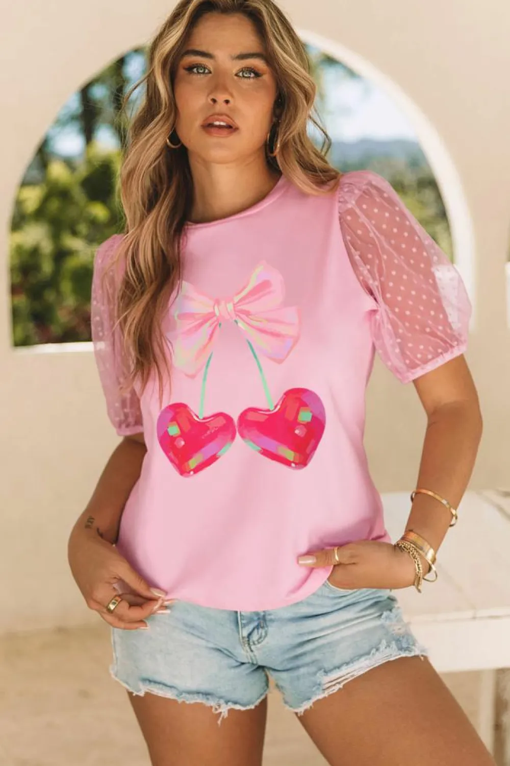 New Dear-Lover Bow Heart Shape Cherry Print Dotted Mesh Sleeve T Shirt Pink