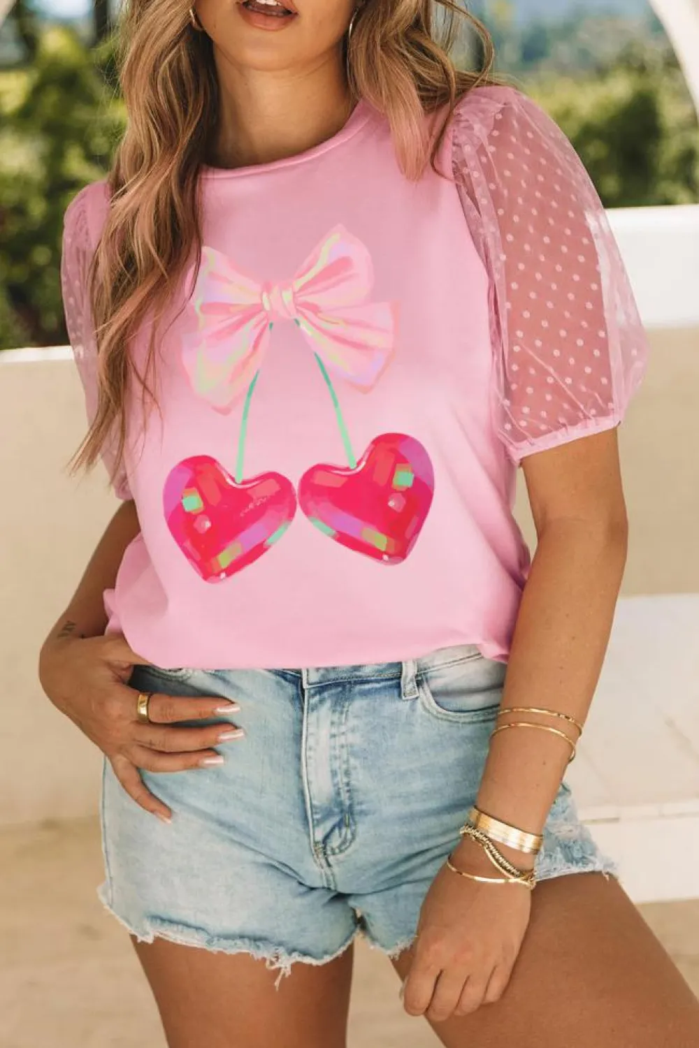 New Dear-Lover Bow Heart Shape Cherry Print Dotted Mesh Sleeve T Shirt Pink
