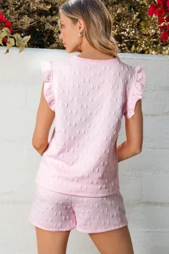 New Dear-Lover Bow Jacquard Ruffle Sleeve Short 2pcs Outfit Pink