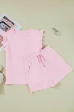 New Dear-Lover Bow Jacquard Ruffle Sleeve Short 2pcs Outfit Pink