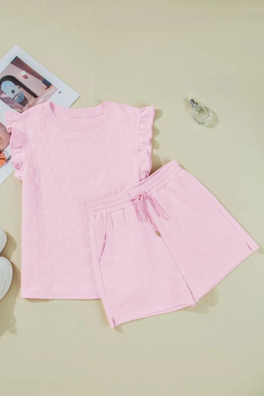 New Dear-Lover Bow Jacquard Ruffle Sleeve Short 2pcs Outfit Pink