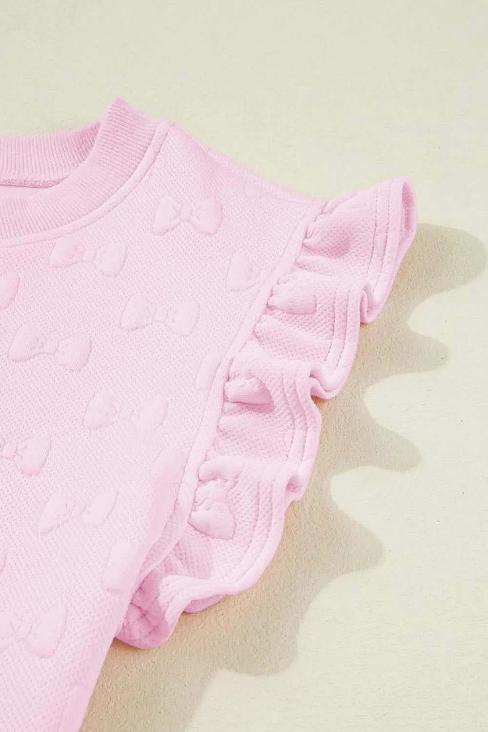 New Dear-Lover Bow Jacquard Ruffle Sleeve Short 2pcs Outfit Pink