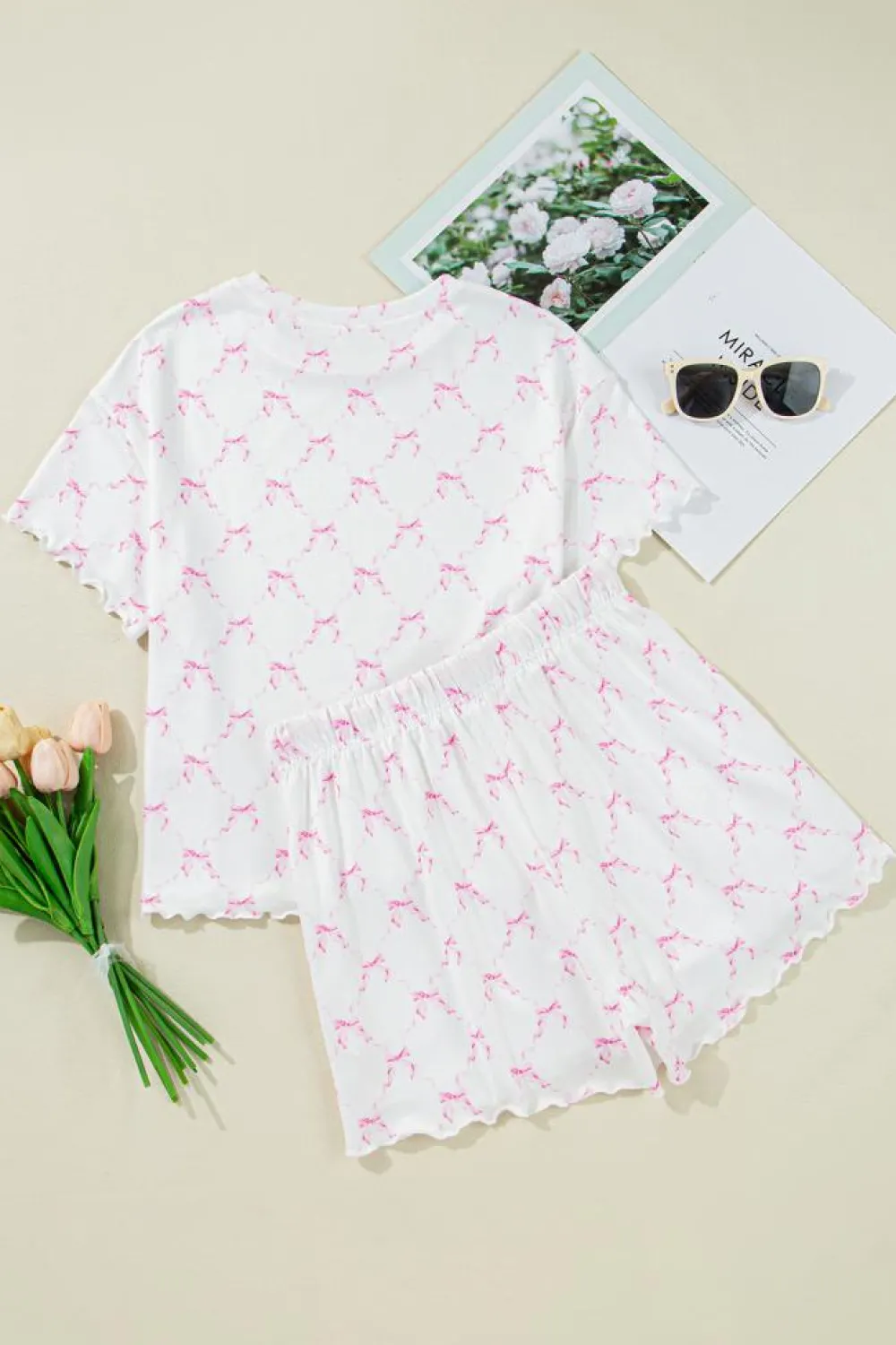 Online Dear-Lover Bow Knot Geometric Print Lettuce Trim Two Piece Lounge Set Pink